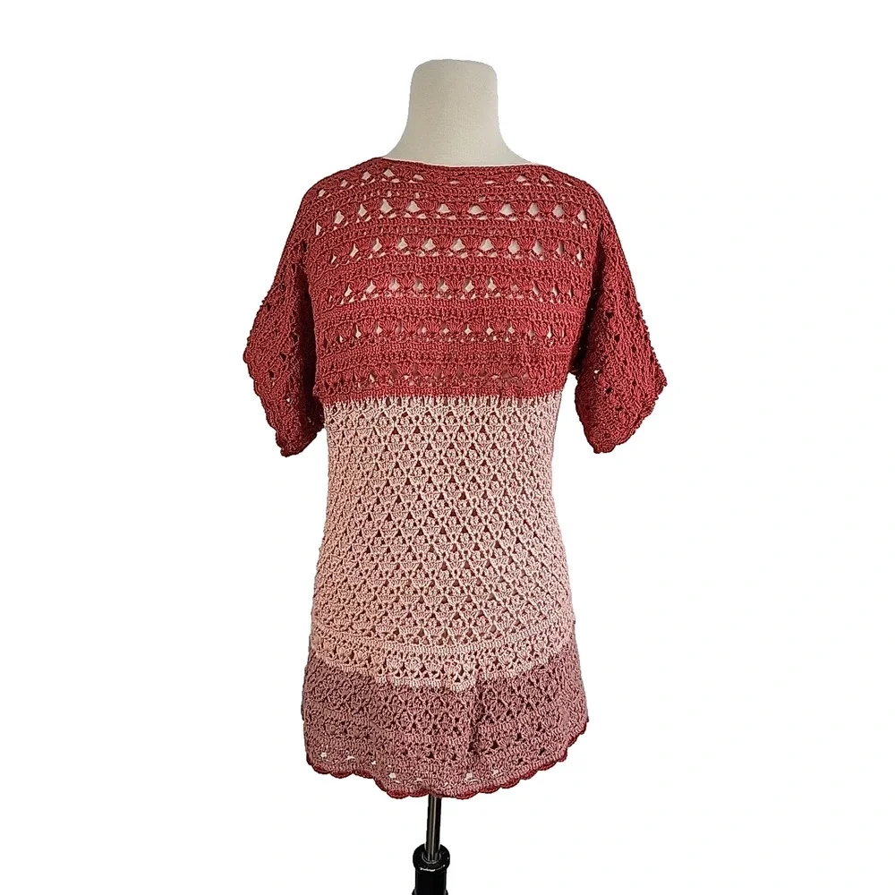 Open Knit Crochet Sweater Womens Medium‎ Mauve Colorblock Cottagecore